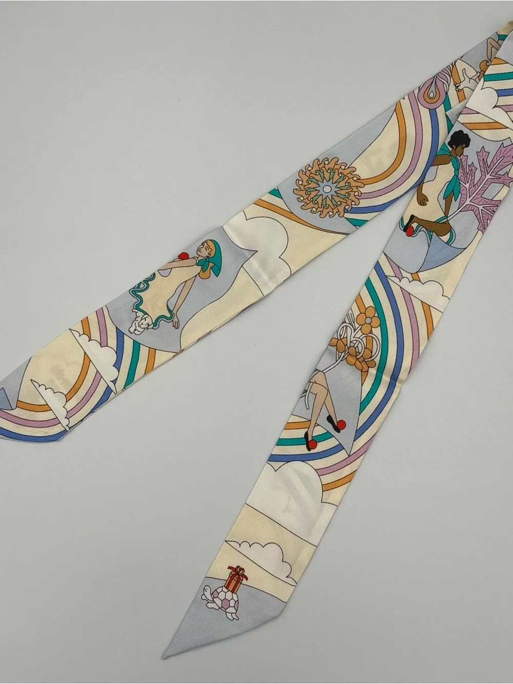 Hermès Twilly Carrés Volants Gris Perle Multicolor Scarf Ribbon Hair Tie - Picture 2 of 6